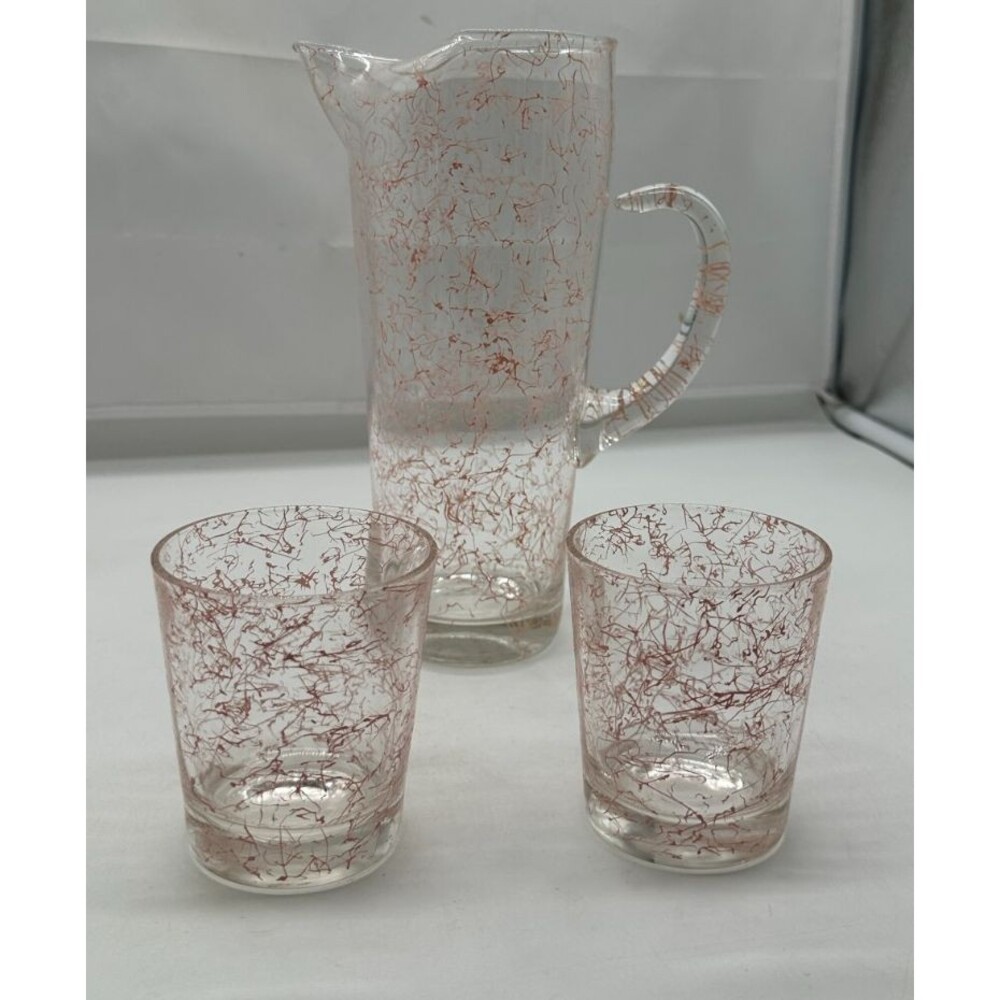 MCM ATLAS HAZEL   Pitcher Pink Spaghetti Splatter Drizzle & 2 Old Fashioned Cups